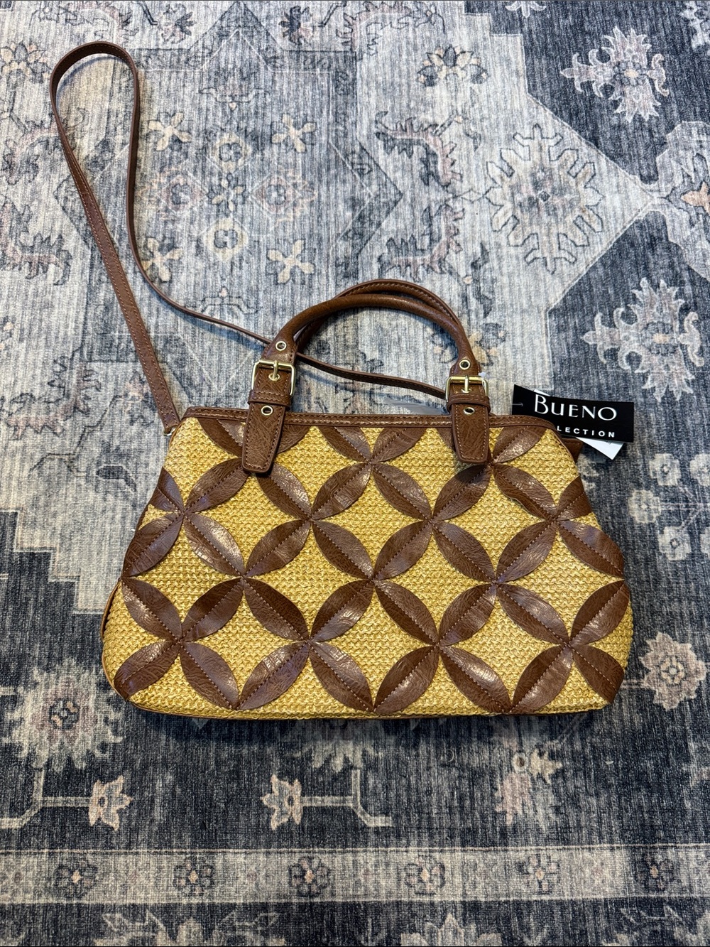 Bueno Brown & Beige Woven Shoulder Bag with Leather Overlay